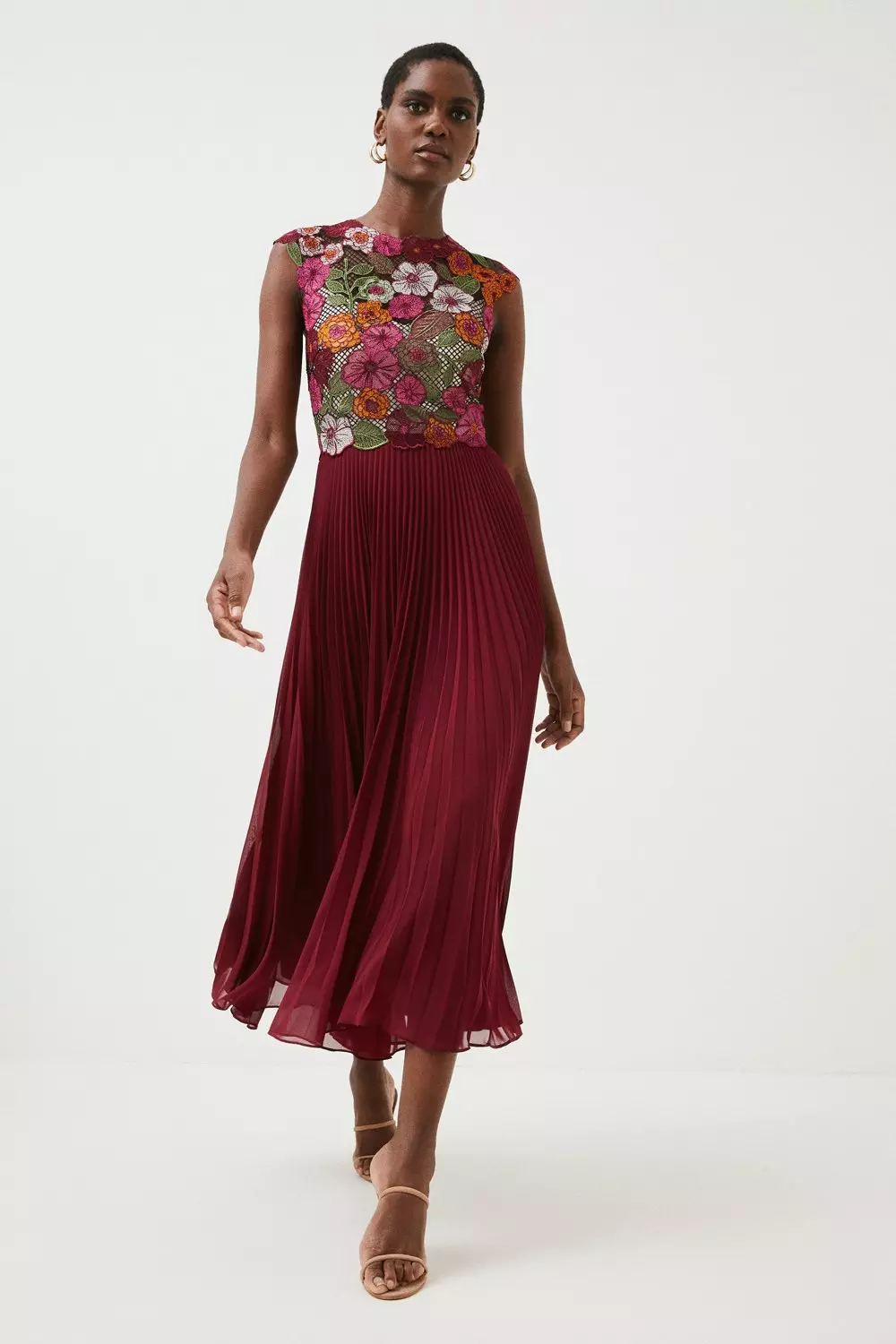 Guipure Lace Embroidered Floral Pleat Midi Karen Millen