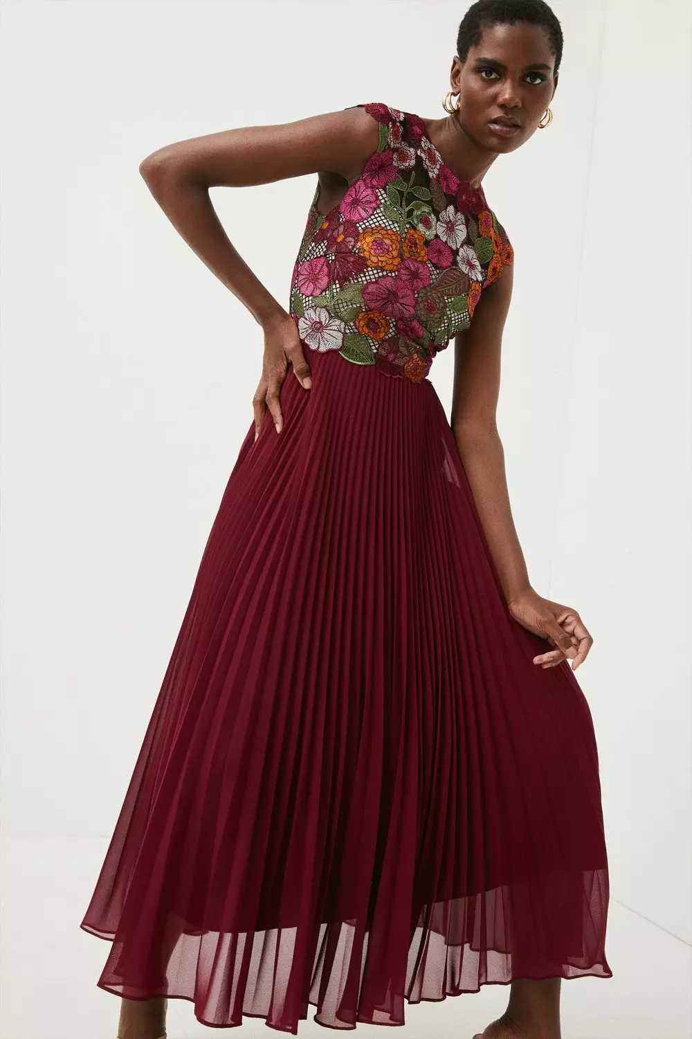 KAREN MILLEN ミディドレス ギピュー ルレース プリーツ花柄 UK8 Guipure Lace & Embroidered Floral Pleat Midi | Karen Millen