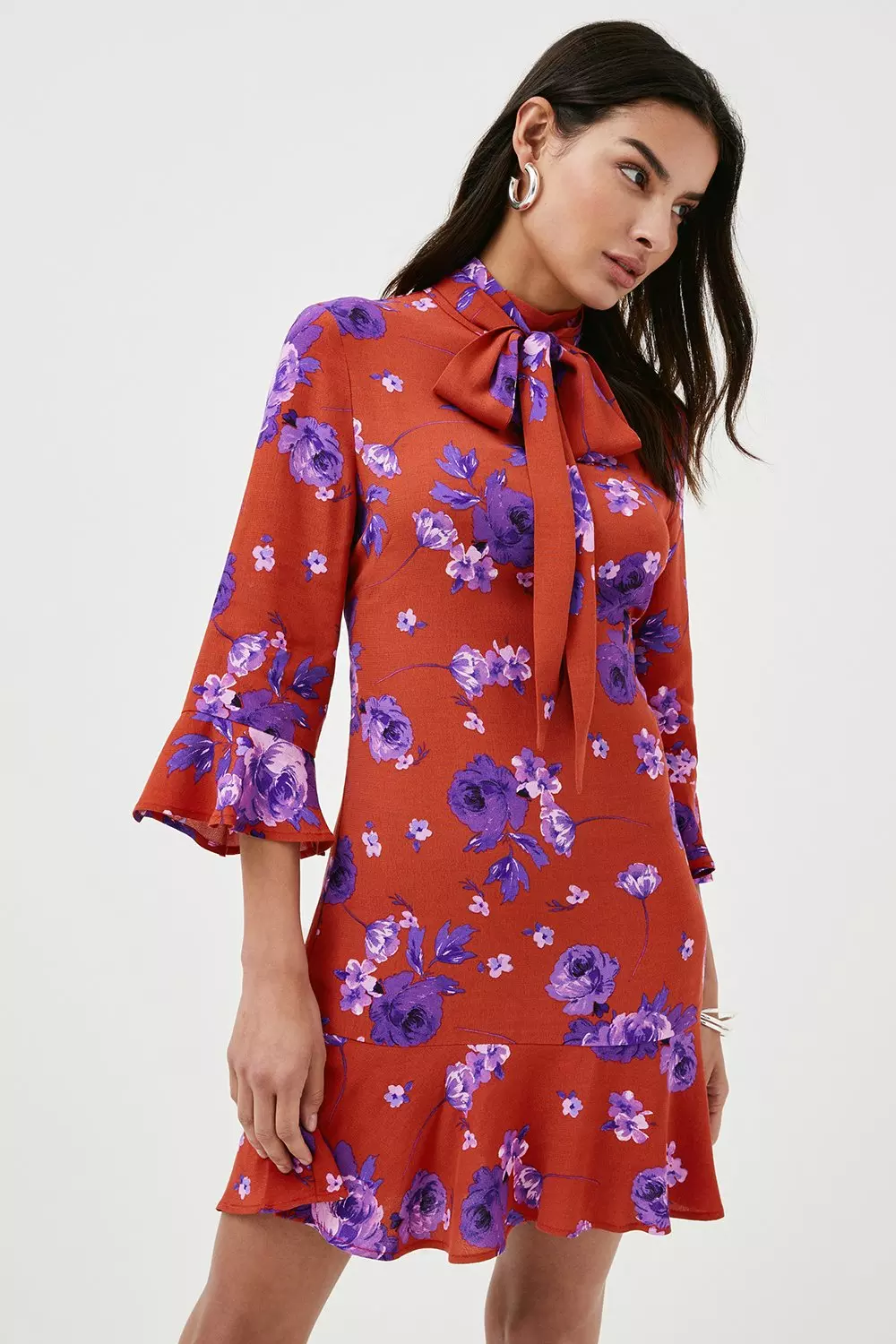 Red Floral Woven Pussy Bow Flippy Dress alternative image