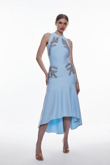 Blue Embellished High Low Hem Midi Bandage Knit Dress