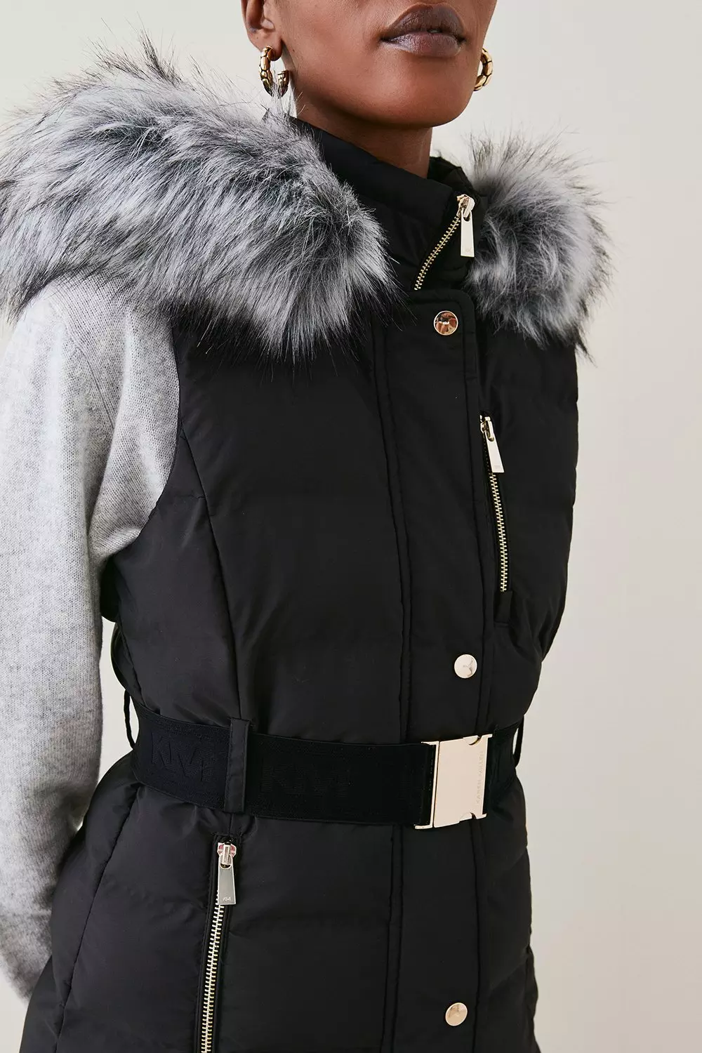 Belted Puffer Faux Fur Maxi Hooded Vest Karen Millen