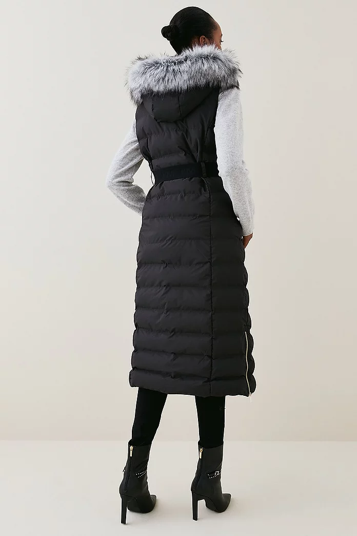 Belted Puffer Faux Fur Maxi Hooded Vest | Karen Millen Belted Puffer Faux Fur Maxi Hooded Vest | Karen Millen