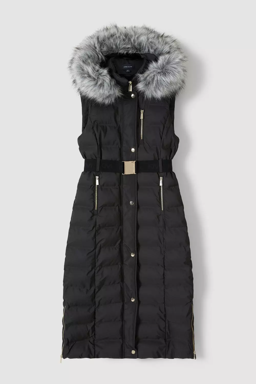 Belted Puffer Faux Fur Maxi Hooded Gilet Karen Millen