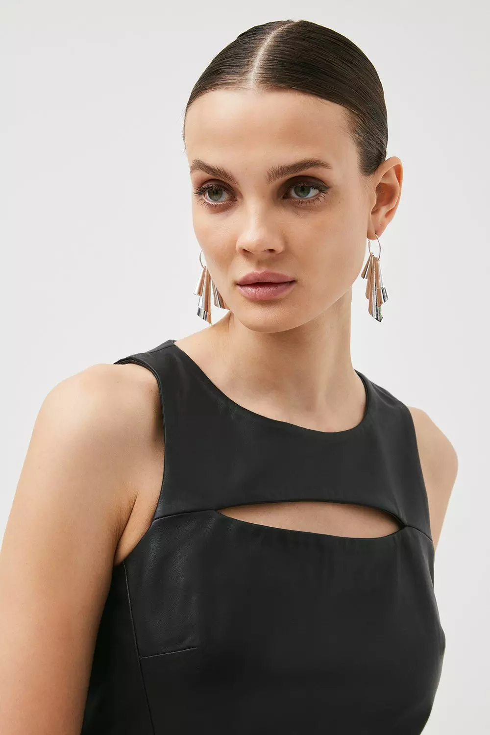 Leather Lace Detail Cut Out A Line Mini Dress | Karen Millen
