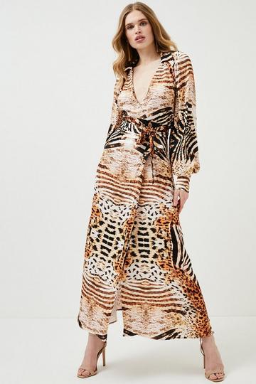 Mirrored Tiger Viscose Satin Woven Midi Dress animal