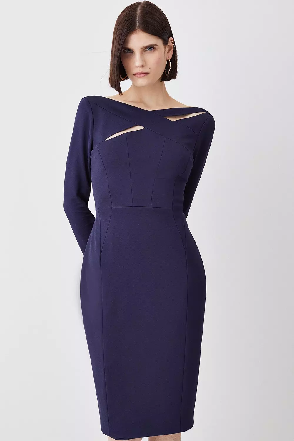 Italian Structured Rib Cross Over Tailored Pencil Midi Dress Karen Millen