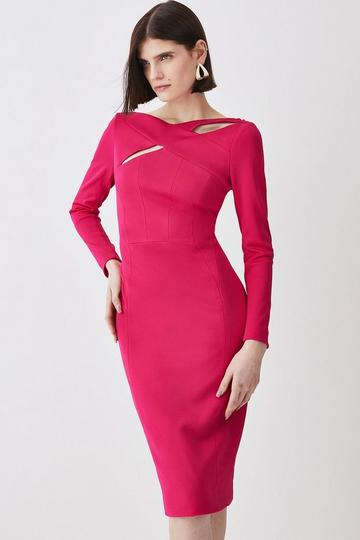 Italian Structured Rib Cross Over Tailored Pencil Midi Dress raspberry