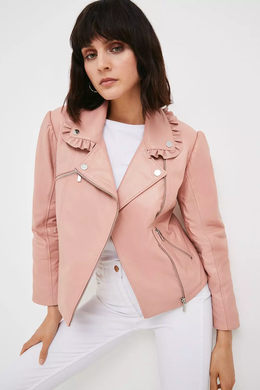 Leather Frill Collar Biker Jacket Karen Millen