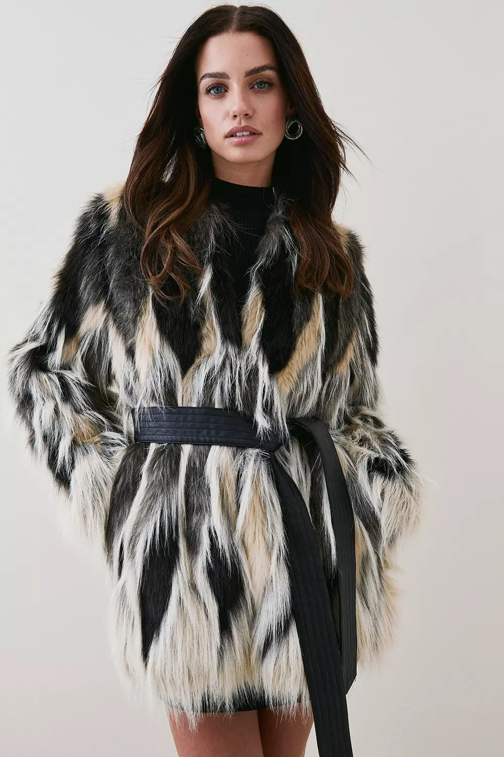 Petite Jacquard Faux Fur Pu Belted Coat | Karen Millen