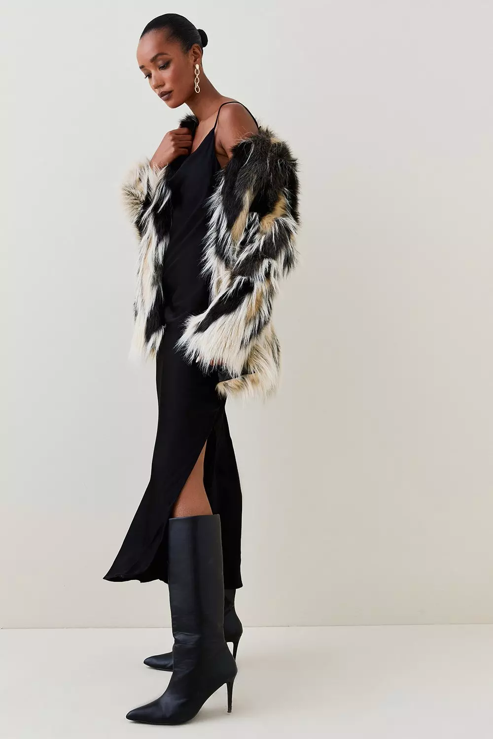 Jacquard Faux Fur Pu Belted Coat Karen Millen