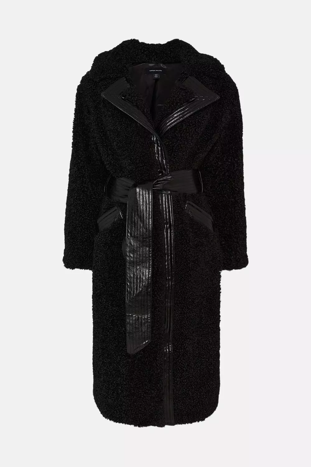 Teddy Longline PU Belted Coat | Karen Millen