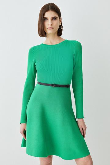 Green Viscose Blend Crew Neck Knitted Skater Mini Dress