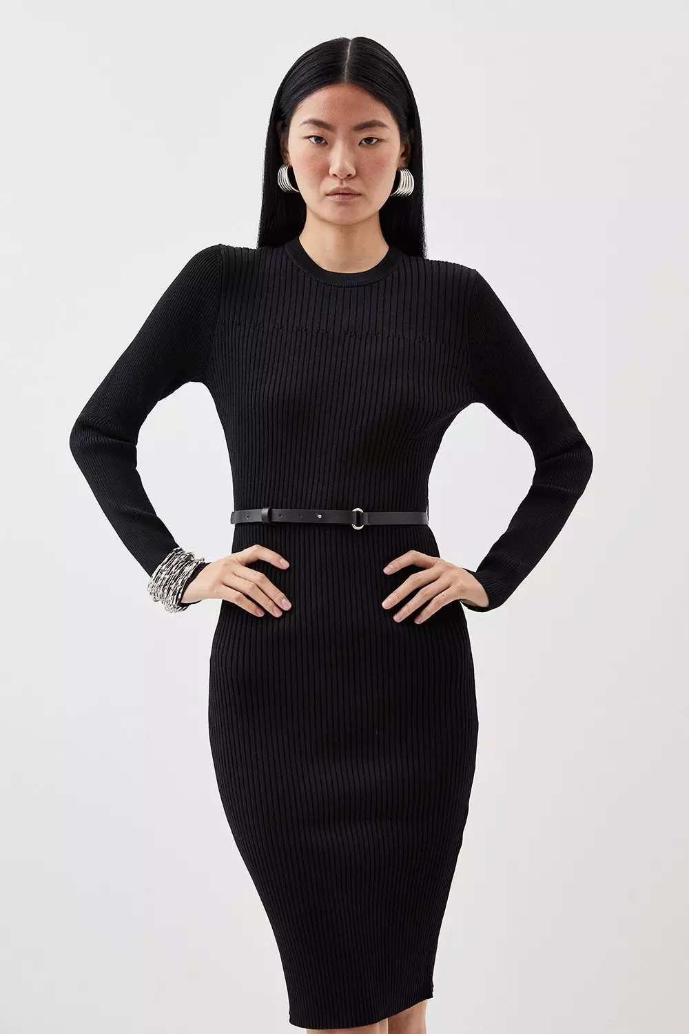 Belted ribbed knit dress online