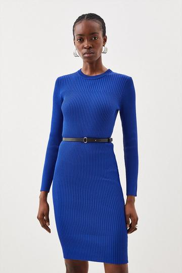 Viscose Blend Rib Knit Belted Midi Dress cobalt