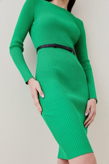 Green Viscose Blend Rib Knit Belted Midi Dress