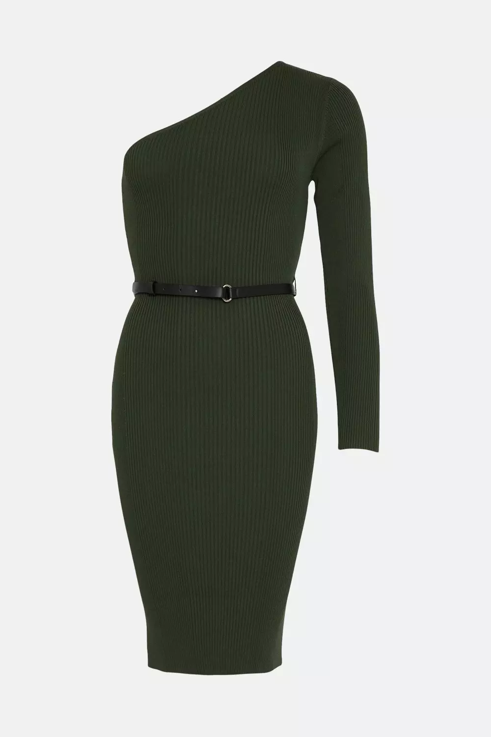 One Shoulder Rib Knit Belted Mini Dress | Karen Millen