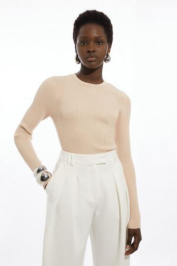 Camel Beige Rib Crew Neck Knit Sweater