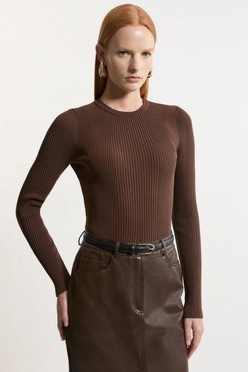 Rib Crew Neck Knit Sweater chocolate