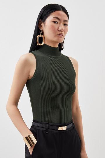 Sleeveless Rib Knit Funnel Neck Sweater forest