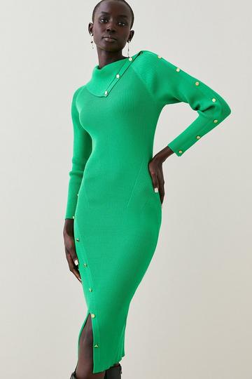 Green Viscose Blend Rib Envelope Neck Knit Midi Dress