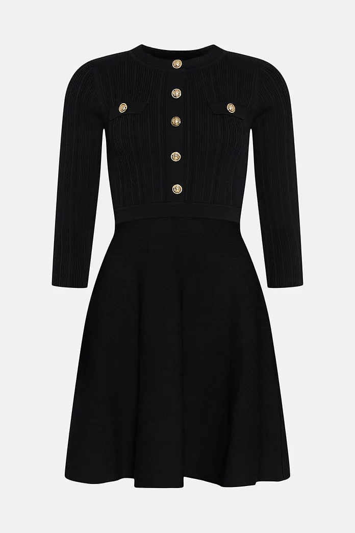 Military Rib Knit Skater Mini Dress | Karen Millen Military Rib Knit Skater Mini Dress | Karen Millen