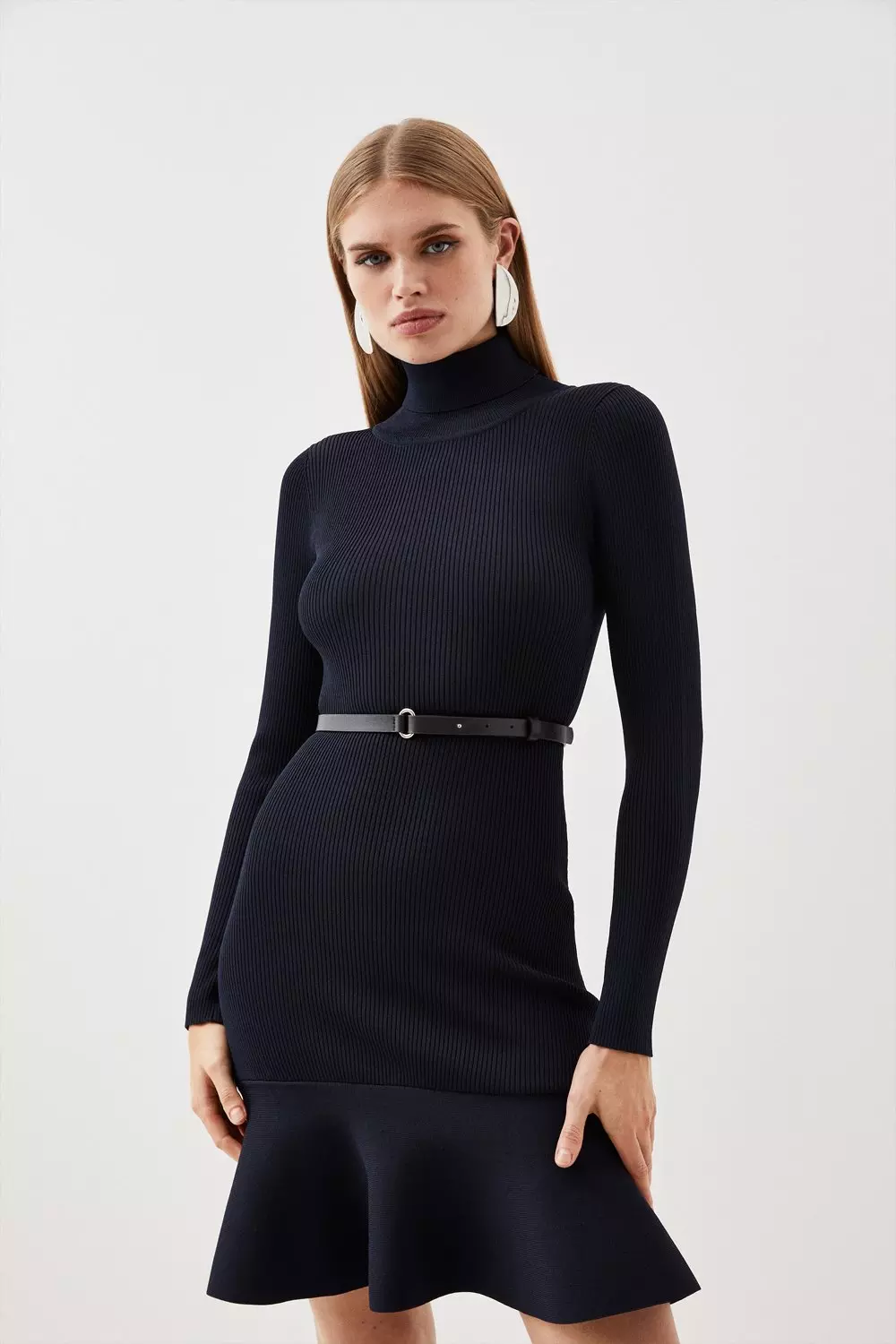 Navy Viscose Blend Knit Roll Neck Belted Flippy Hem Mini Dress alternative image