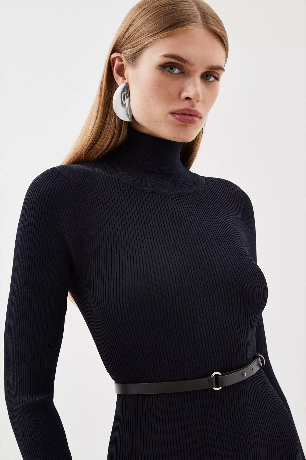 Navy Viscose Blend Knit Roll Neck Belted Flippy Hem Mini Dress alternative image