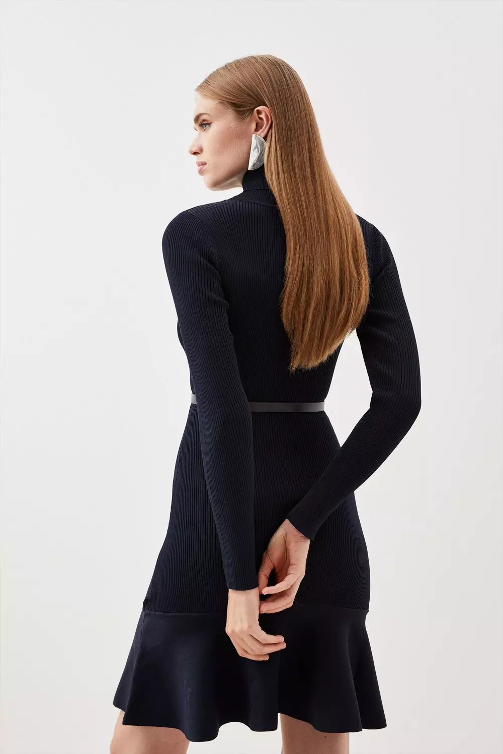 Navy Viscose Blend Knit Roll Neck Belted Flippy Hem Mini Dress alternative image