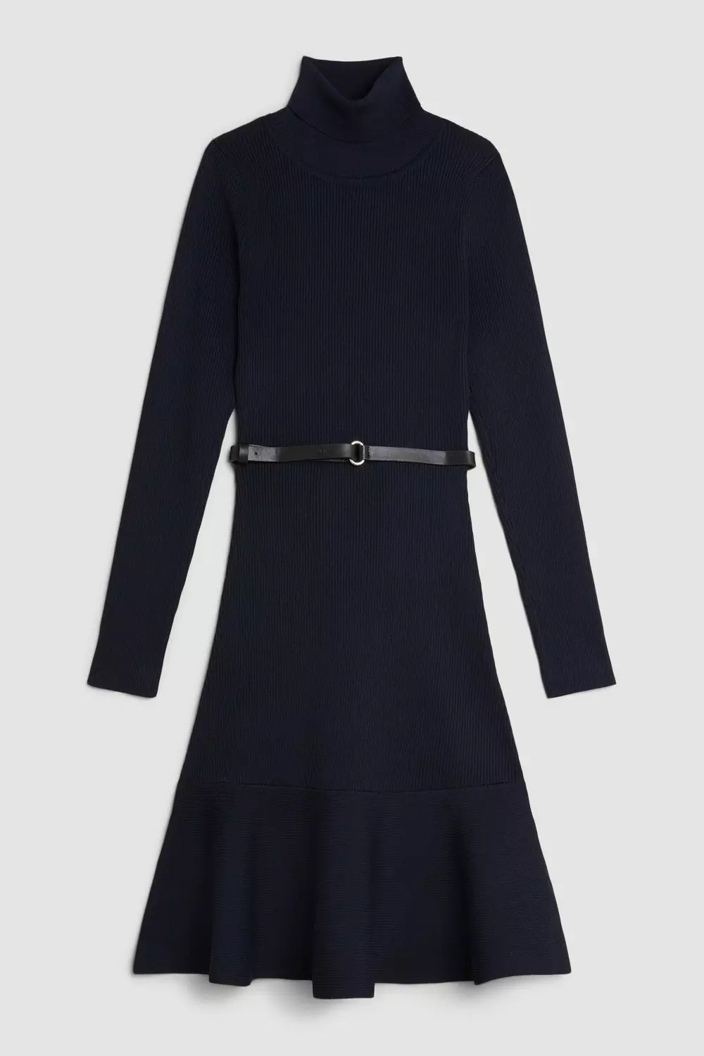Navy Viscose Blend Knit Roll Neck Belted Flippy Hem Mini Dress alternative image