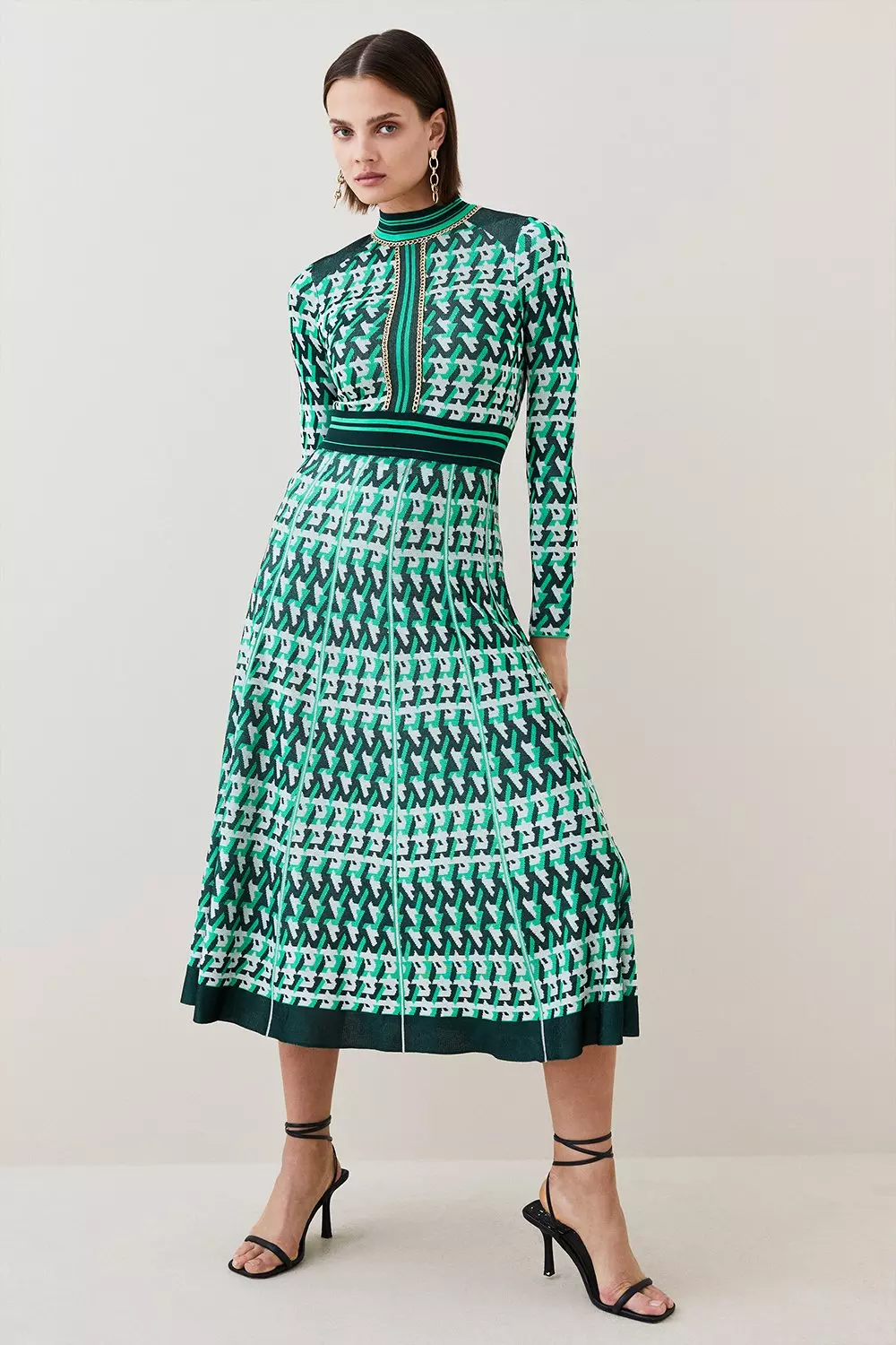 Petite Geo Knit Dress With Pleated Midi Skirt Karen Millen