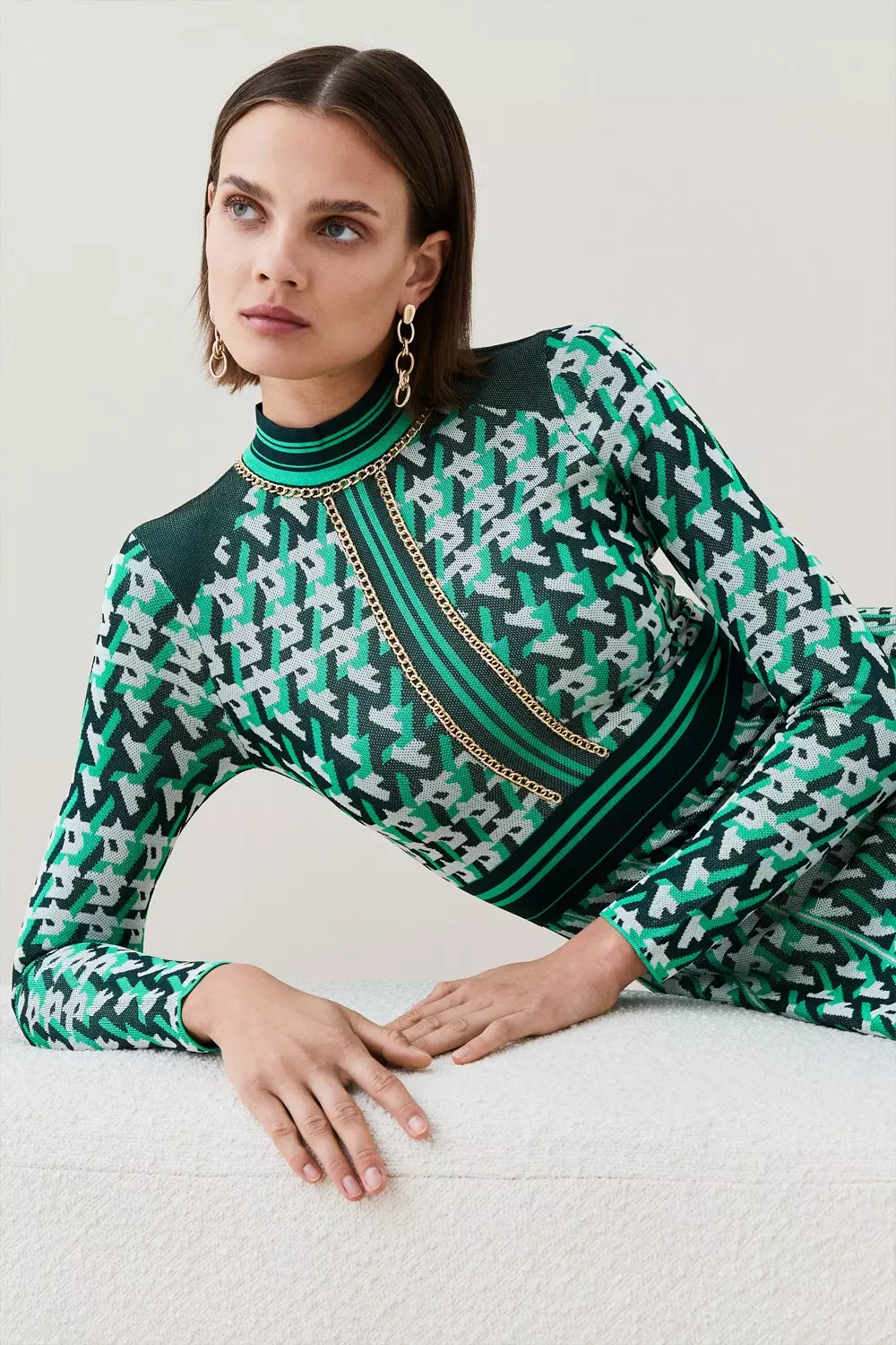 Petite Geo Knit Dress With Pleated Midi Skirt Karen Millen