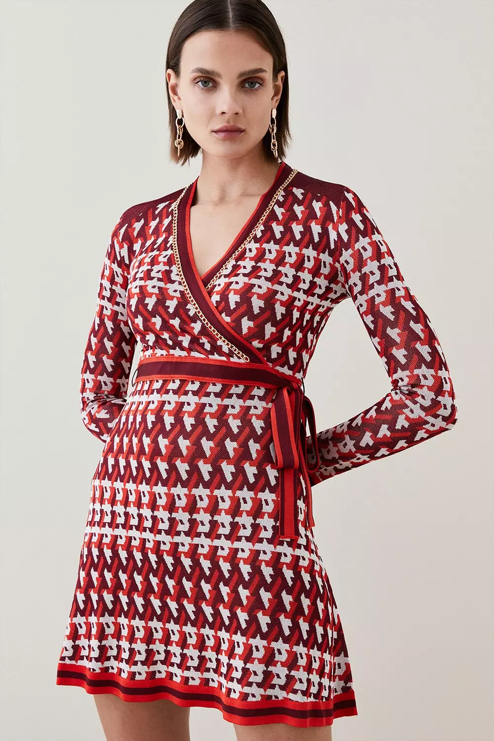 Geo jacquard knit fashion wrap dress