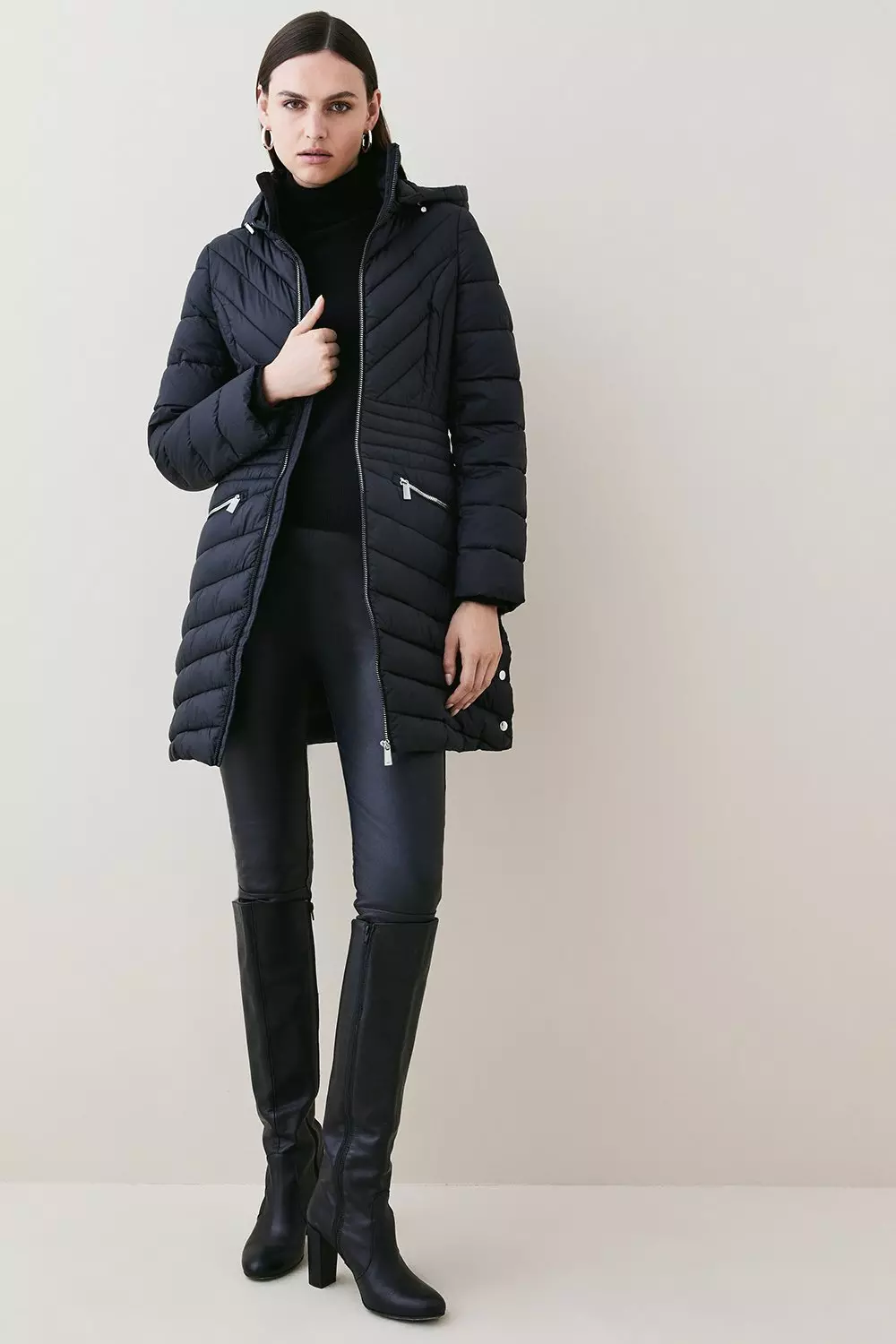Black Lightweight Puffer Packable Midi Coat alternative image