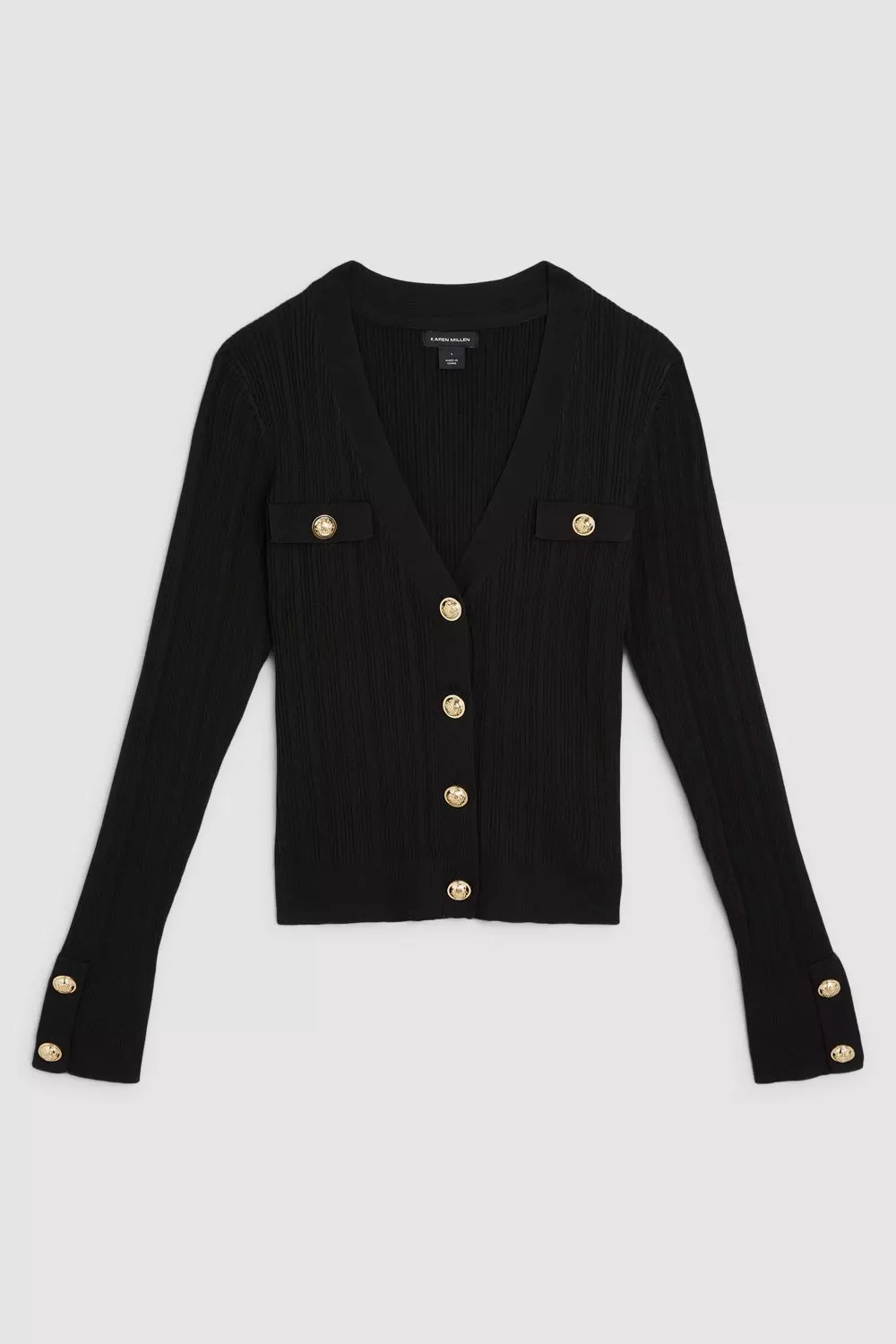 Viscose Blend Military Button V Neck Rib Knit Cardigan Karen Millen