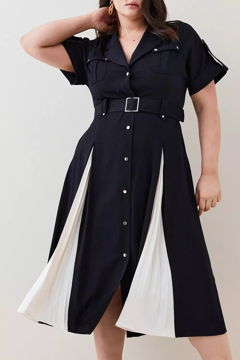Plus Size Soft Pleated Godet Colourblock Shirt Midi Dress