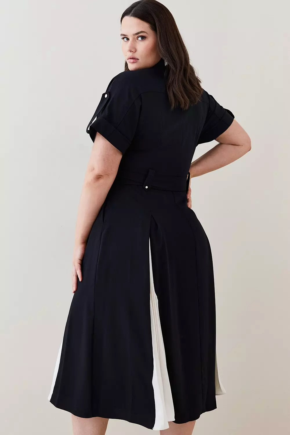 Plus Size Soft Pleated Godet Colorblock Shirt Midi Dress