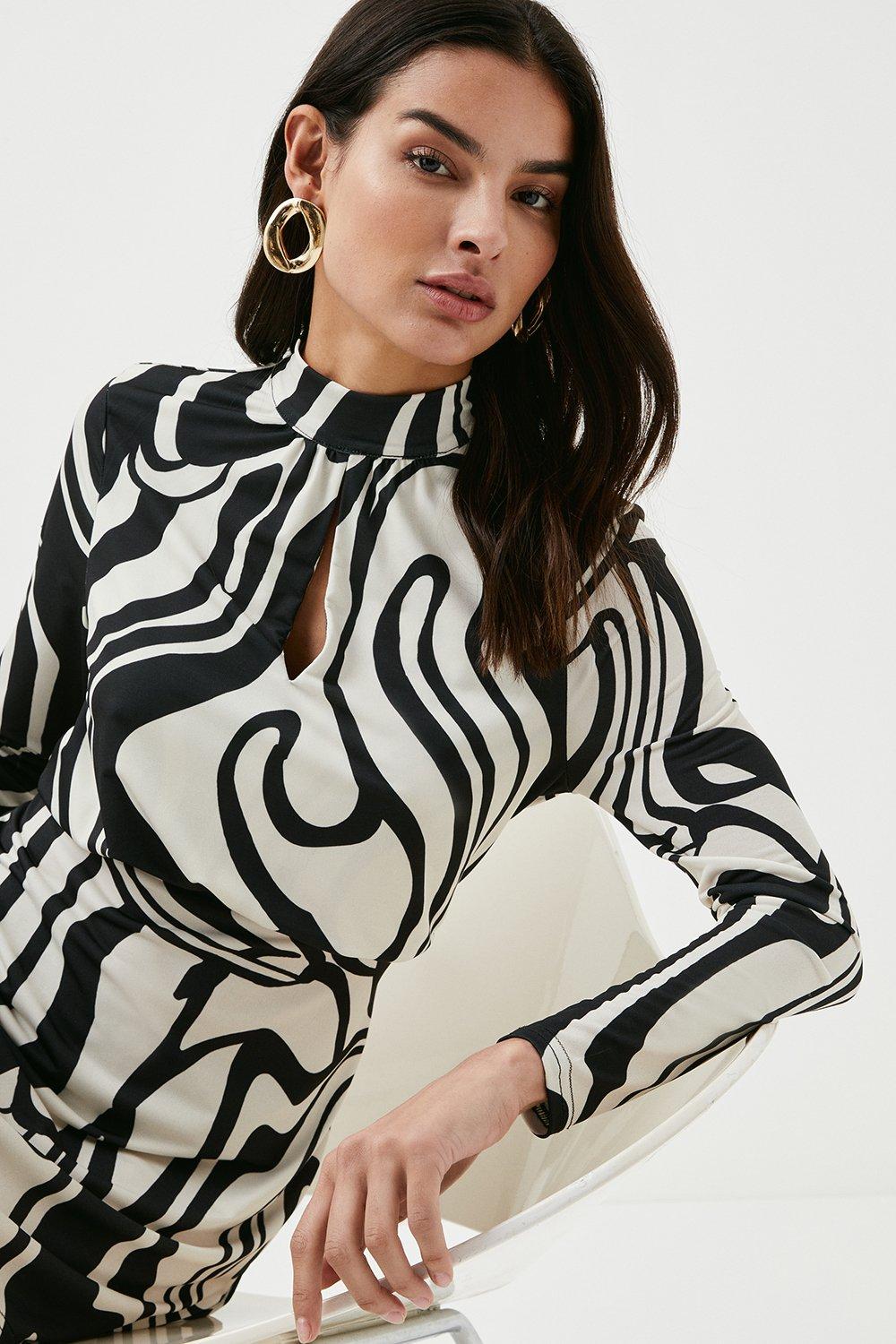 Petite Mono High Neck Jersey Mini Dress | Karen Millen