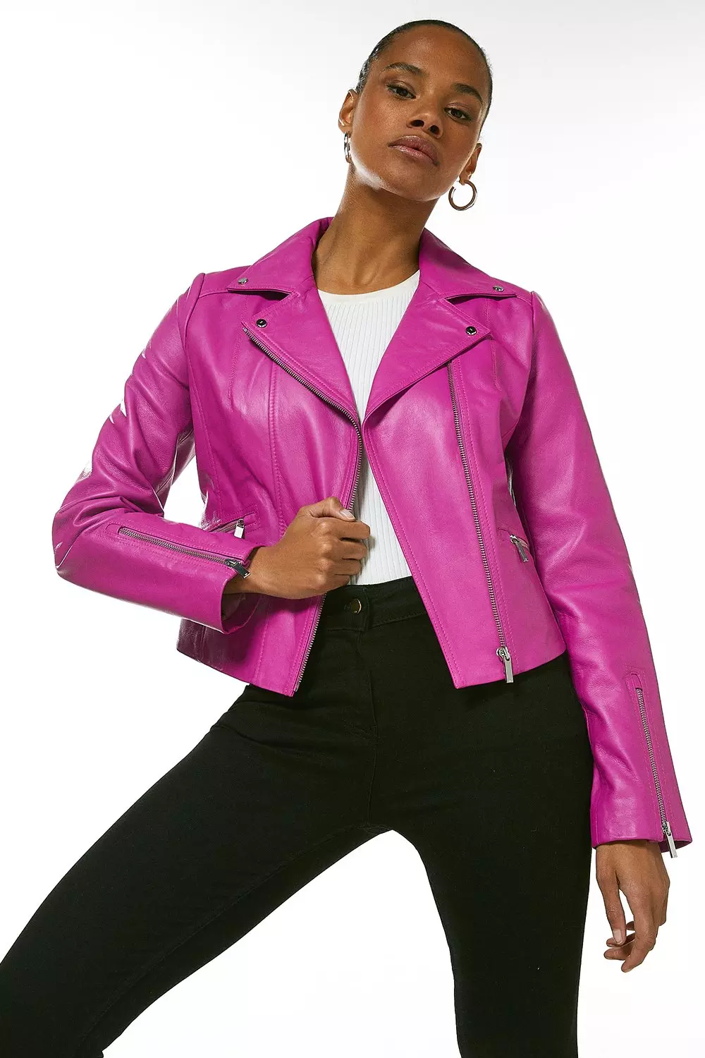 安心追跡付【KAREN MILLEN】フェイクシアリング バイカーコート Leather Signature Moto Jacket | Karen Millen