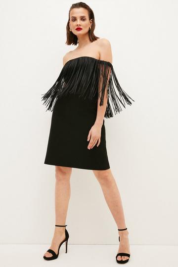 Structured Crepe Fringe Off The Shoulder Dress black