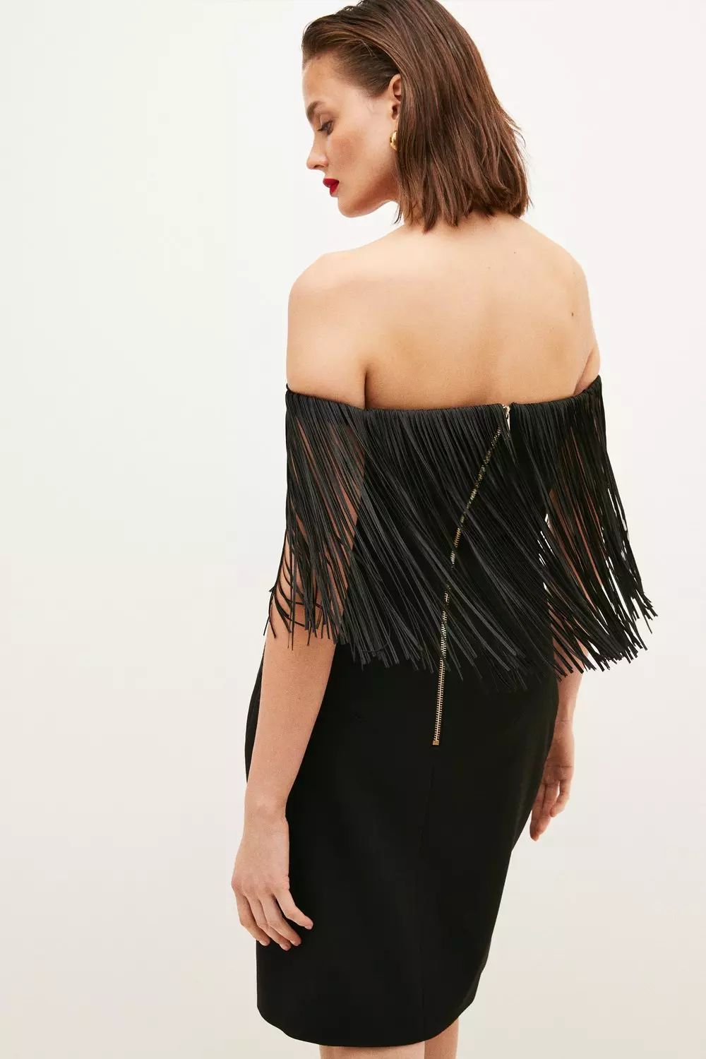Structured Crepe Fringe Bardot Mini Dress Karen Millen