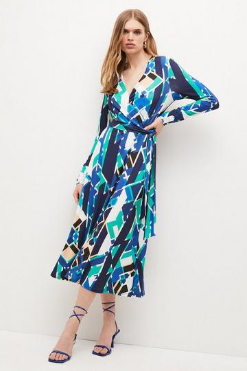 Geo Jersey Print Wrap Midi Dress geo