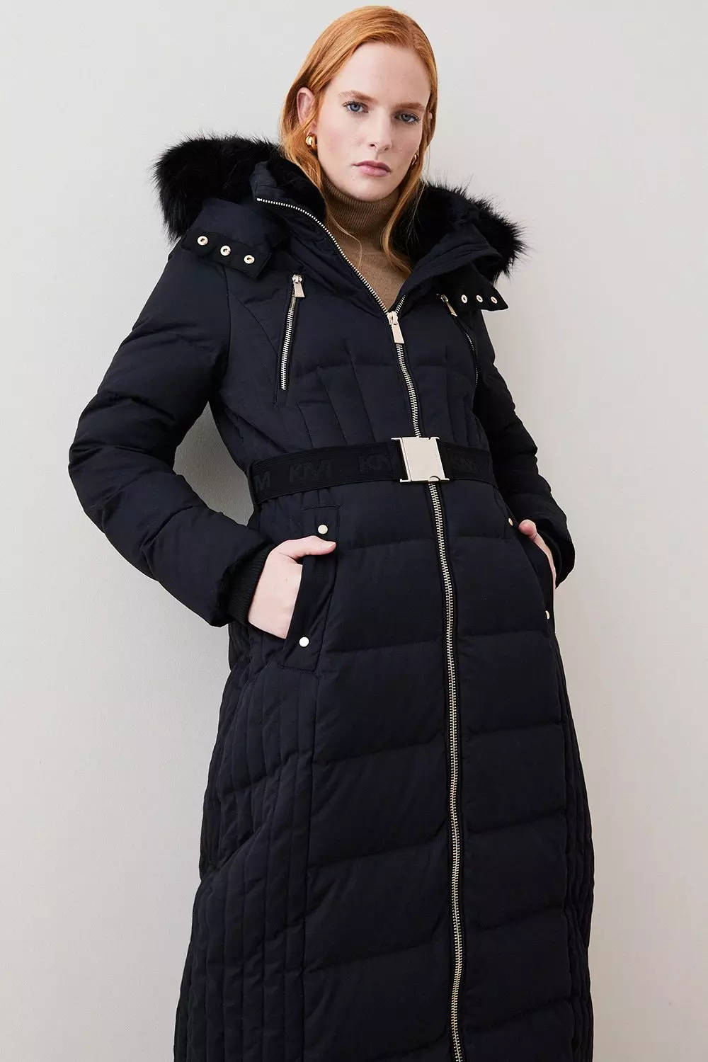 Premium Fur Trim Belted Maxi Down Jacket Karen Millen