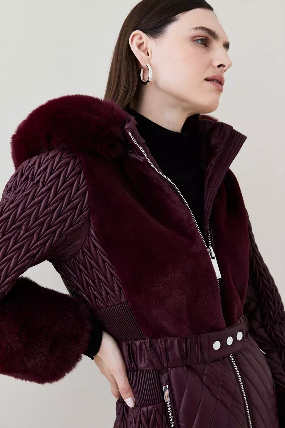 Signature Quilt Faux Fur Trim Belted Short Coat | Karen Millen