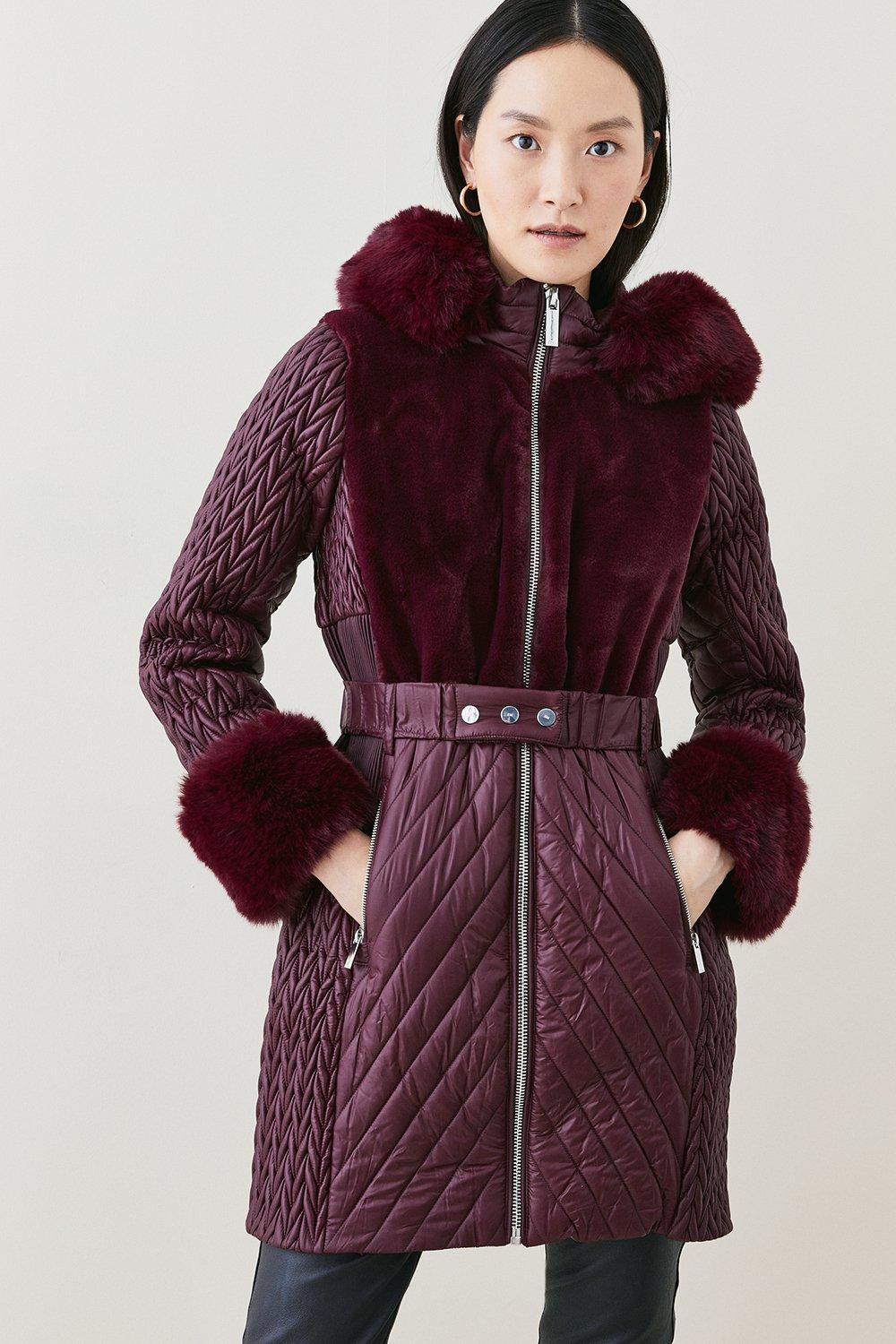 Signature Quilt Faux Fur Trim Belted Midi Coat | Karen Millen