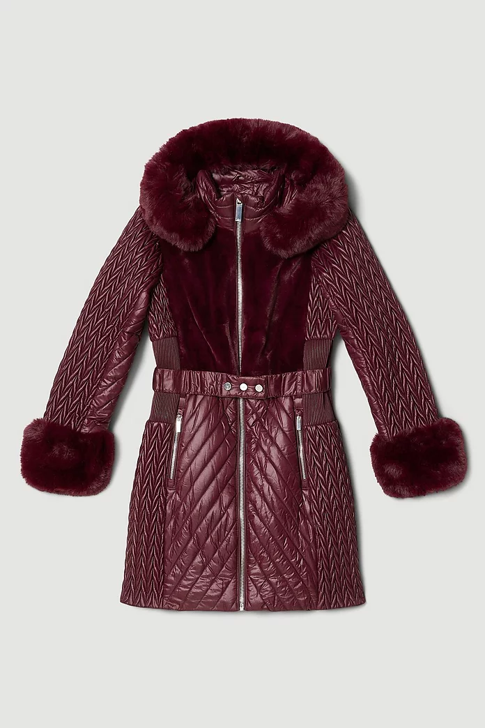 Signature Quilt Faux Fur Trim Belted Midi Coat | Karen Millen Signature Quilt Faux Fur Trim Belted Midi Coat | Karen Millen