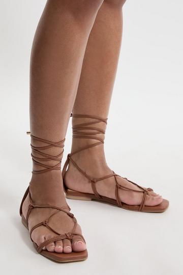 Leather Ghillie Tie Flat Sandals tan