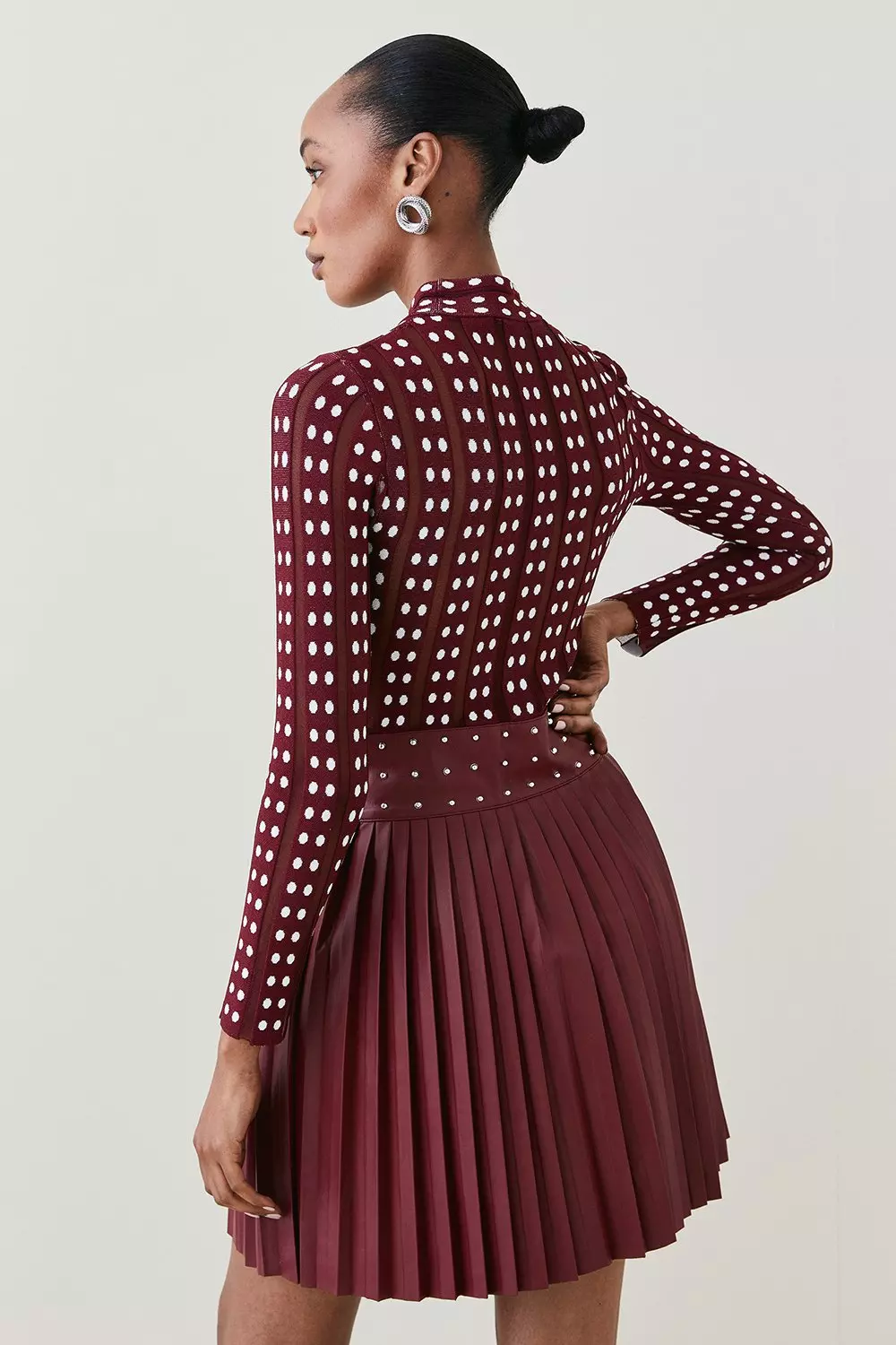 Sheer Knit Polka Dot Pu Skirt Skater Mini Dress | Karen Millen