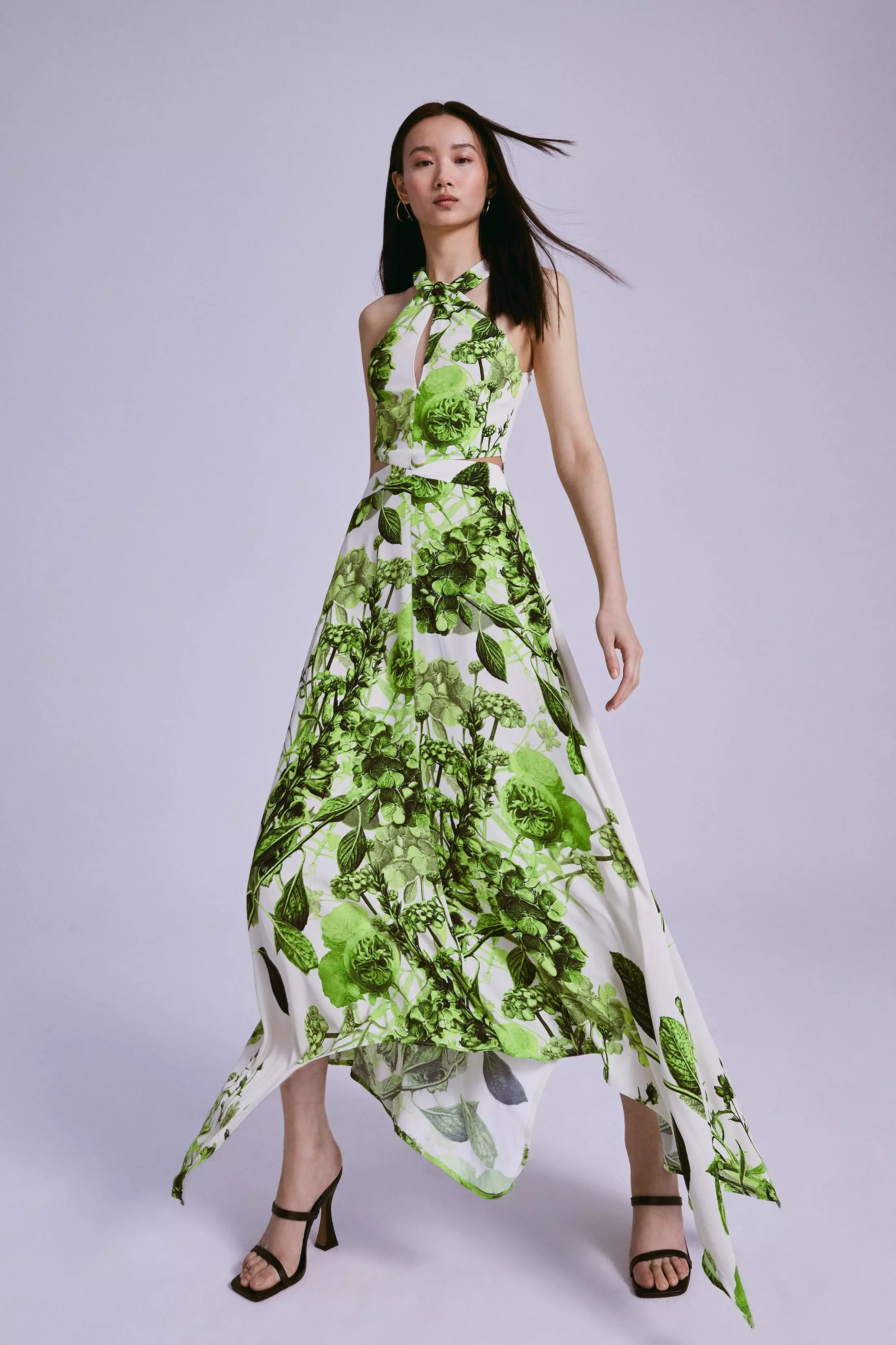 安心追跡【KAREN MILLEN】ボタニカルフローラルクレープマキシ Petite Scattering Viola and Tulipa Floral Compact Viscose