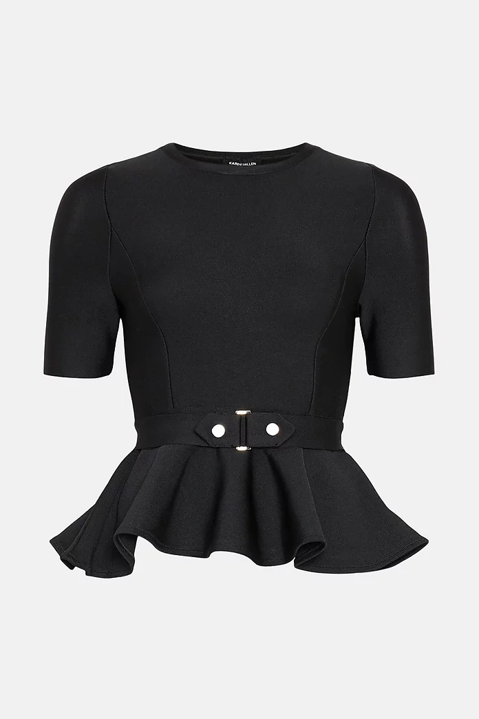 Trimmed Waist Peplum Bandage Knit Detail Top | Karen Millen Trimmed Waist Peplum Bandage Knit Detail Top | Karen Millen