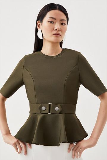 Trimmed Waist Peplum Bandage Knit Detail Top olive